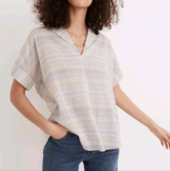 Madewell Crinkle Hayden Popover Striped Top Short Sleeve High Low V Neck sz S - Picture 1 of 7